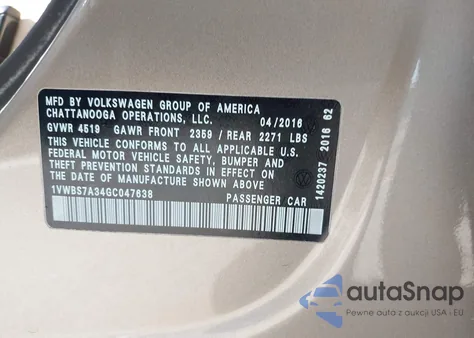 2016 Volkswagen Passat Se из США, поврежденный, VIN 1VWBS7A34GC047638